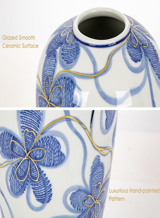 Arborus Blue and White Ceramic Vase for Home Decor - Hand-Painted Porcelain Flower Vase with Gold Accents - Chinoiserie-Inspired Home Decor Vases - 9" for Table, Shelf, or Mantel - Image 3